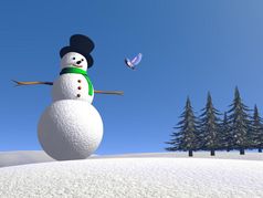 一个雪人站的雪会说话的鸟nex与冷杉树美丽的蓝色的一天雪人和鸟渲染