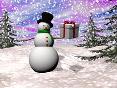 一个雪人站冬天景观持有礼物盒子与下降雪覆盖山和冷杉树美丽的日落光礼物从雪人渲染