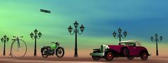 老车飞机摩托车和自行车下一个路灯绿色背景老传输