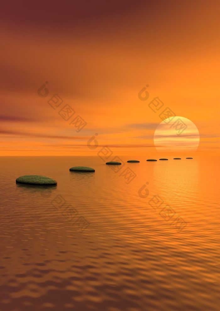 灰色石头步骤在海洋会的太阳多云的日落步骤的太阳渲染