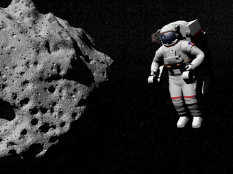 一个宇航员的宇宙附近小行星探索宇航员探索小行星渲染