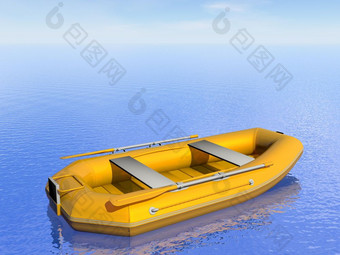 一个黄色的充气船的海洋日光充气船渲染