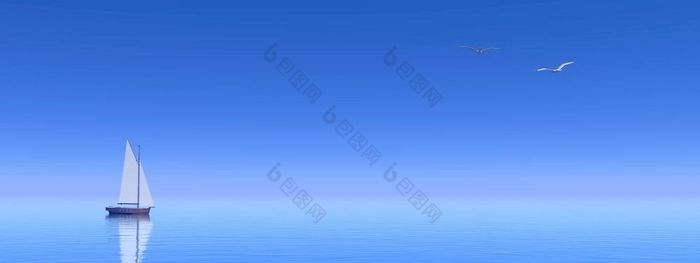 小帆船独自一人的非常安静的海洋和两个海鸥飞行走了深蓝色的天空