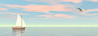 小帆船浮动安静的水和海鸥粉红色的多云的日落小帆船渲染
