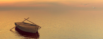 小木船的水日落木船渲染