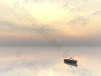 小木船独自一人的水日落木船渲染
