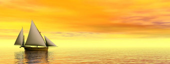小帆船浮动安静的水橙色日落小帆船渲染