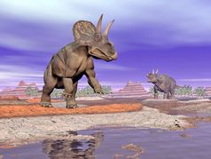 两个diceratops恐龙下一个水色彩斑斓的岩石景观多云的一天diceratops恐龙自然渲染