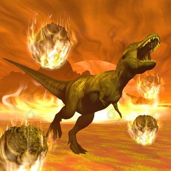 暴龙恐龙逃离死亡因为热和火由于大陨石崩溃暴龙恐龙exctinction渲染