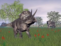两个祖尼切拉托恐龙站的草与红色的花灰色一天祖尼切拉托恐龙自然渲染