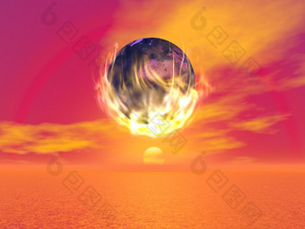 地球燃烧成的火焰下一个美丽的红色的日落与你好元素这图像有家具的已<strong>开启</strong>燃烧地球渲染