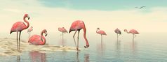 群粉红色的火烈鸟的海滩日光群粉红色的火烈鸟渲染