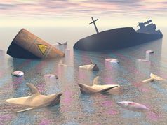 油轮沉船有毒桶许多鱼和海豚死的海洋