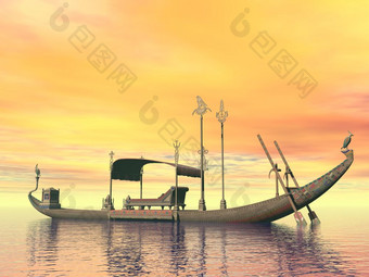 埃及神圣的驳船与宝座浮动的水日落埃及神圣的驳船与宝座渲染