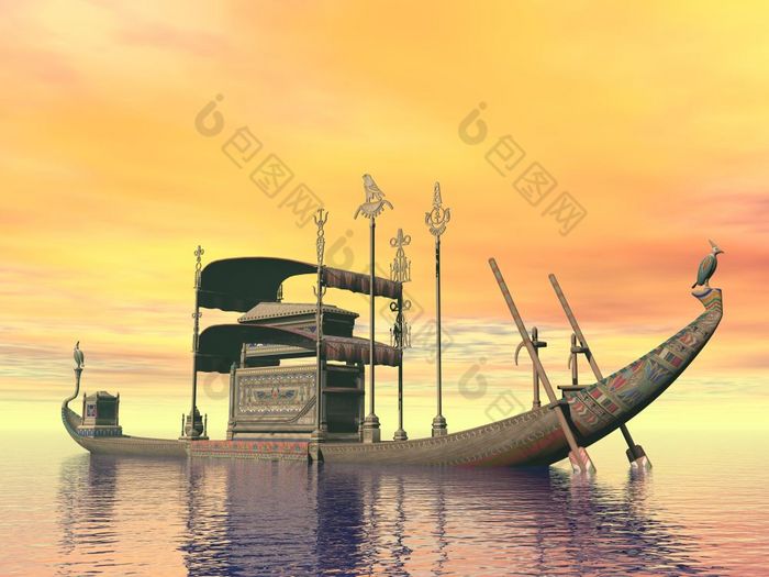 埃及神圣的驳船与墓浮动的水日落埃及神圣的驳船与墓渲染