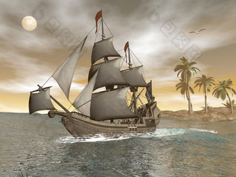 海盗<strong>船</strong>浮动的海洋离开岛<strong>与</strong>棕榈树晚上海盗<strong>船</strong>离开渲染