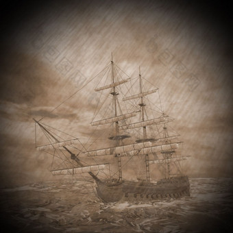老船失去了的中间下雨风暴海洋老船的风暴渲染