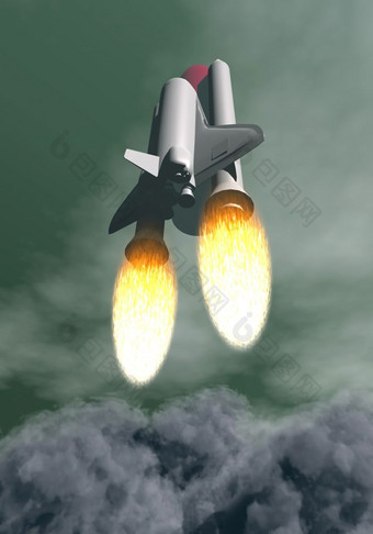空间航天飞机采取从在灰色烟和云航天飞机采取从渲染