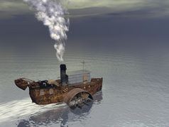 小轮船船浮动的水和生产烟轮船船渲染