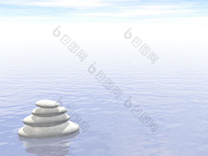 白色石头平衡在水多雾的一天平衡渲染