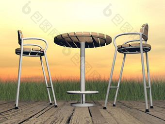 两个椅子和一个表格木地板上前面的花园日落光放松的阳台渲染