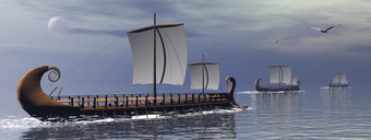 三个老希腊战船船的海洋多云的晚上与完整的月亮希腊战船船渲染