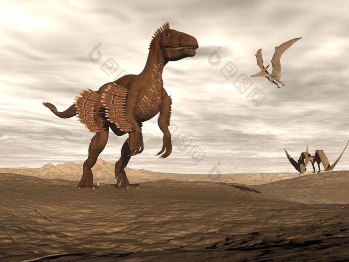 美丽的伶盗龙恐龙Desertic景观与两个翼龙鸟多云的日落伶盗龙恐龙渲染