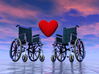 红色的心之间的两个轮椅象征着<strong>残疾人</strong>爱<strong>残疾人</strong>爱渲染