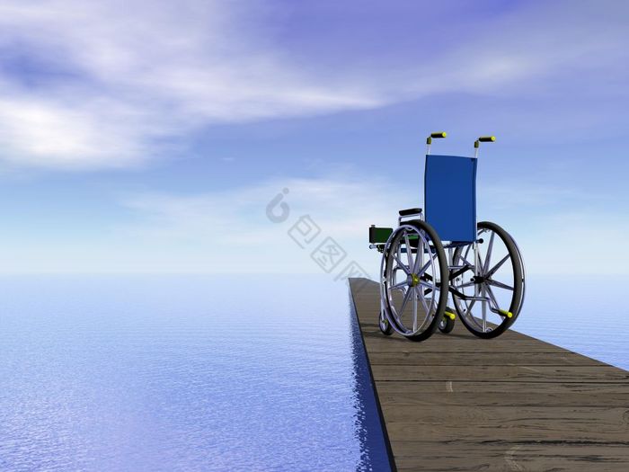 一个轮椅站浮筒前面的海洋一天梦想渲染图片