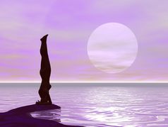 女人轮廓执行头站瑜伽构成前面紫罗兰色的日落瑜伽日落渲染