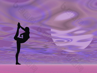 轮廓女人练习瑜伽前面的月亮紫罗兰色的多云的背景