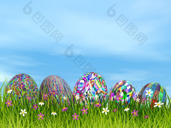 五个色彩斑斓的<strong>复活节</strong>鸡蛋美丽的草与花一天渲染色彩斑斓的<strong>复活节</strong>鸡蛋自然渲染
