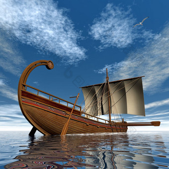 古老的希腊帆船浮动的海洋一天渲染