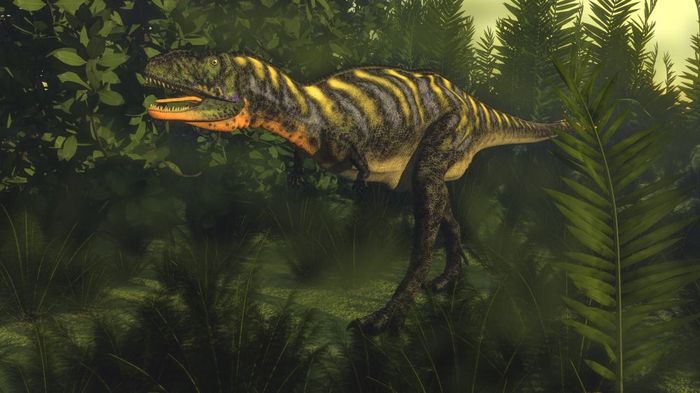 奥卡龙恐龙走在木兰甲壳虫和尼帕植物渲染奥卡龙恐龙渲染