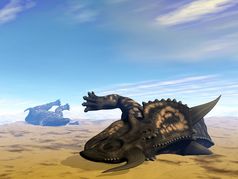 两个einiosaurus恐龙死的沙漠因为缺乏水渲染