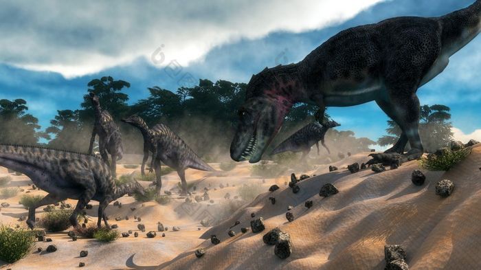 塔伯龙令人惊讶的saurolophus恐龙群下一个除了雪松森林一天渲染saurolophus狩猎塔伯龙恐龙渲染