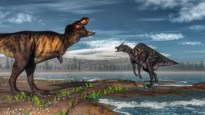 暴龙雷克斯和saurolophus恐龙一天渲染暴龙雷克斯和saurolophus恐龙渲染