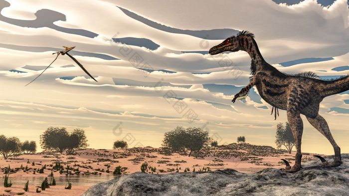 伶盗龙恐龙观察翼龙飞行的沙漠与尼帕和塔马里斯植物日落光渲染伶盗龙恐龙渲染