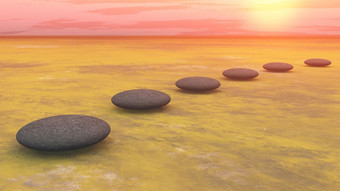 灰色石头步骤在的地面会的太阳多云的日落渲染步骤的太阳渲染
