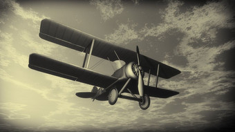 双翼飞机飞行的日落多云的天空古董风格渲染双翼飞机飞行的天空古董风格渲染