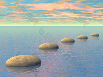 灰色石头步骤在的海洋日落渲染步骤的海洋渲染