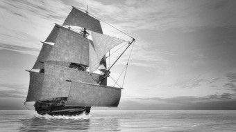 美丽的详细的老船断续器胜利浮动的海洋日落古董风格渲染老详细的船断续器胜利古董风格渲染