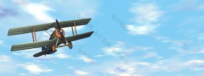 老复古的双翼飞机飞行的蓝色的多云的天空渲染老复古的双翼飞机飞行的天空渲染