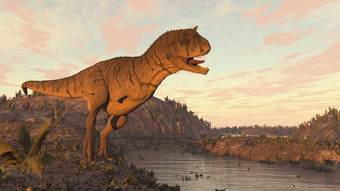 carnotaurus恐龙<strong>咆哮</strong>的的沙漠日落渲染carnotaurus恐龙<strong>咆哮</strong>的日落渲染