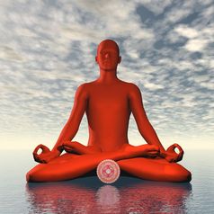 轮廓男人。冥想与红色的穆拉达拉根脉轮象征在海洋多云的背景渲染红色的穆拉达拉根脉轮冥想渲染