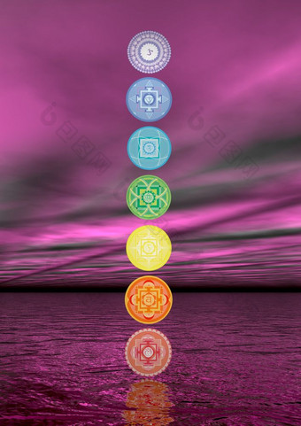 七个脉轮符号列紫罗兰色的北方极光背景渲染七个脉轮符号列渲染