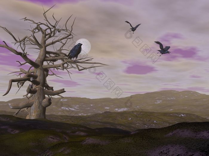 死树与乌鸦乌鸦晚上与完整的月亮渲染死树和乌鸦乌鸦晚上渲染