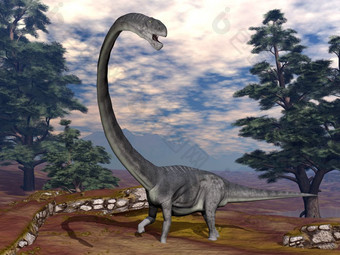 奥梅萨龙恐龙走在松树渲染奥梅萨龙恐龙渲染