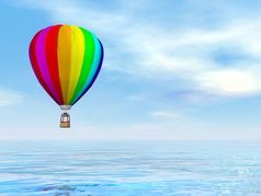 一个色彩斑斓的热空气气球飞行在水蓝色的一天渲染色彩斑斓的热空气气球渲染