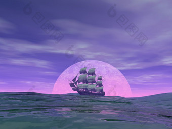 老商人<strong>船</strong>前面的<strong>月亮</strong>的海洋多云的日落渲染老商人<strong>船</strong>渲染
